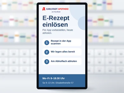 Ein Display hochkant vor der Sichtwahl mit einer Slide zum E-Rezept
